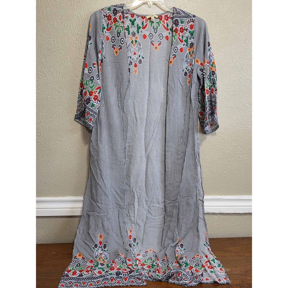 Kori America Pinstripe Floral Embroidered Duster Cardigan Gray Red Small Summer